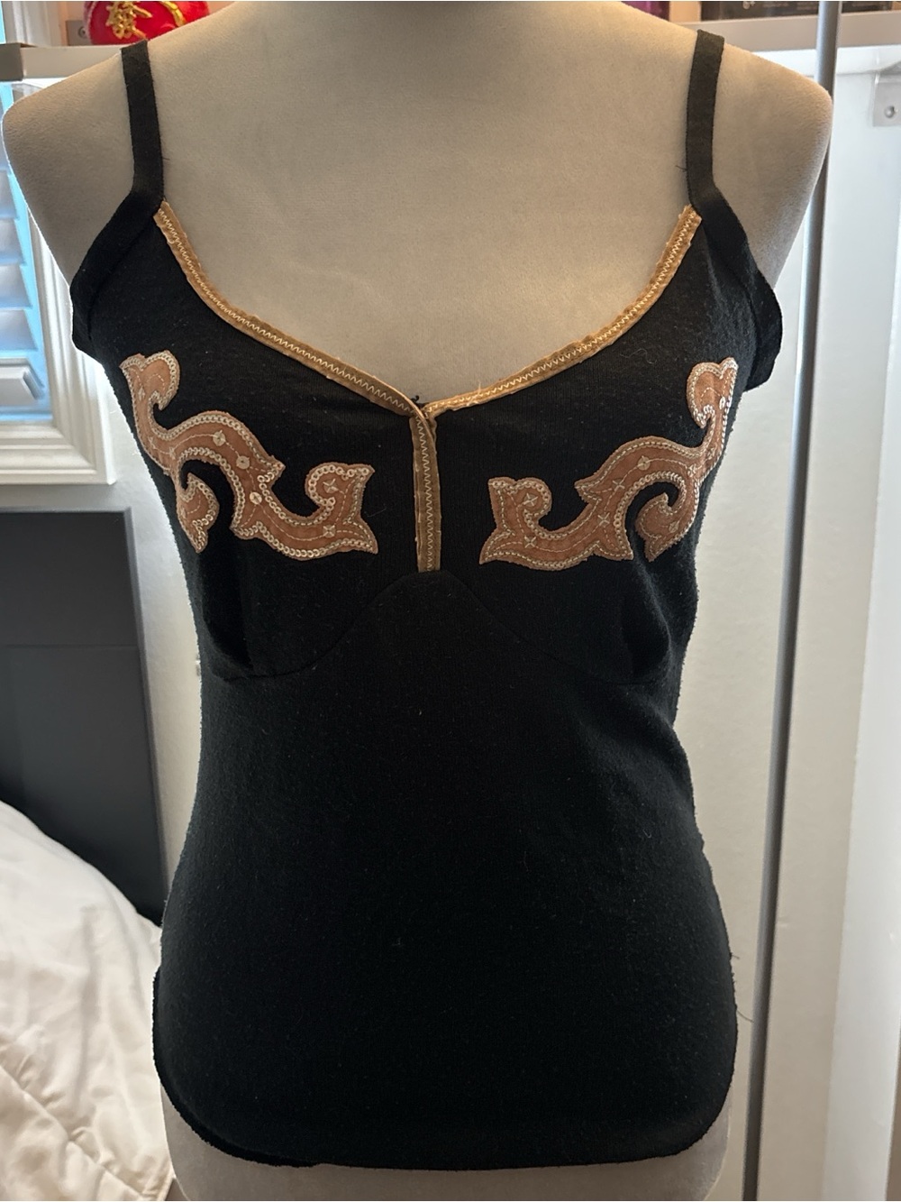 Black Spaghetti Strap Tank with Gold Trim and Embroidered Detail